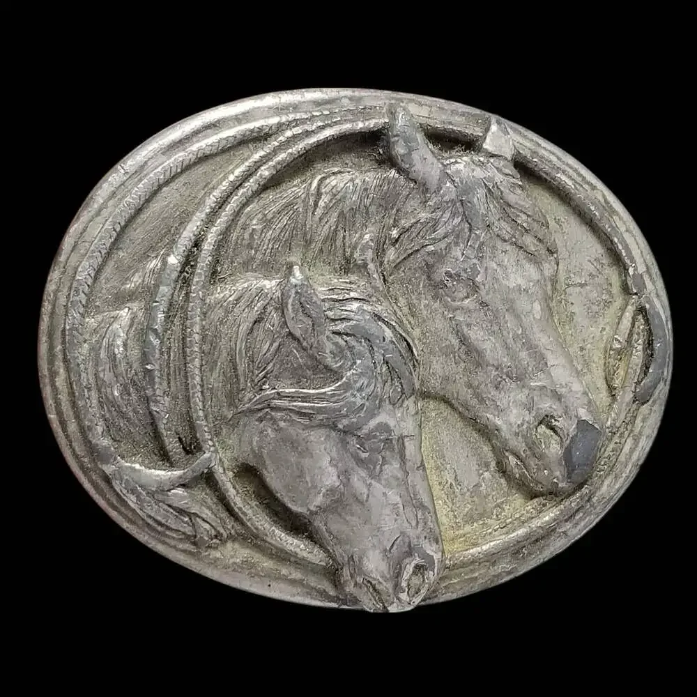VTG Belt Buckle Brass 1983 Two Double Horses Heads Western USA Made By‎ Siskiyou